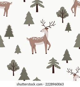 Winter seamless pattern with cute cozy forest animal deer and Christmas trees. Scandinavian vector illustration in hand drawn flat style