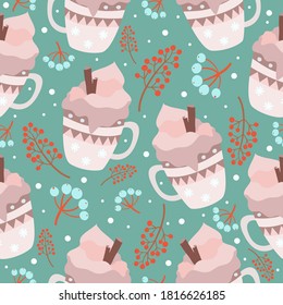 Winter seamless pattern with cute cups or mugs and berries. Colourful Christmas print. Cartoon vector illustration for wallpaper, textile, wrapping.