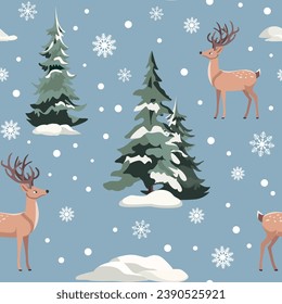 Winter seamless pattern with cute deer and fir trees. Cartoon winter forest background.