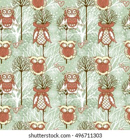 Winter seamless pattern with cute doodle owls, vector illustration