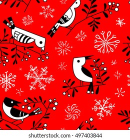 Winter seamless pattern with cute doodle birds on rowan branches with snowflakes. Design line art element for Christmas wrapping paper, cards, backgrounds and posters