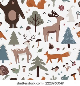 Winter seamless pattern with cute forest animals bear, deer, moose, fox, bird, hedgehog, hare. Scandinavian woodland vector illustration in hand drawn flat style