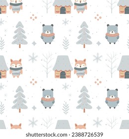 Winter seamless pattern with cute forest animals. Scandinavian Christmas pattern. Winter background
