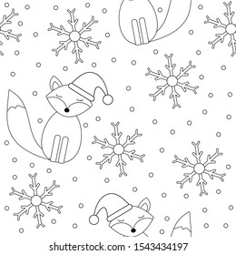 Winter seamless pattern. Cute fox and snowflakes. Coloring page. Vector illustration.