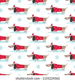 Winter seamless pattern with cute funny dogs  and snowflakes. Vector illustration