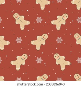 Winter seamless pattern with cute gingerbread man and snowflakes. Vector illustration