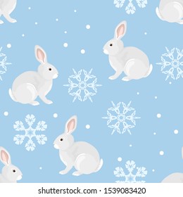 Winter seamless pattern. Cute hares and beautiful snowflakes on  blue background. Vector illustration of funny animals in cartoon simple flat style. Christmas or New Year decoration.