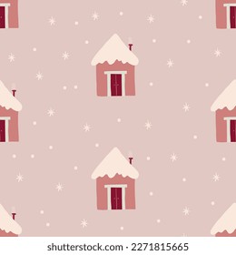 Winter seamless pattern cute house and stars