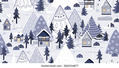 Winter seamless pattern. Cute houses, mountains and trees landscape. Cartoon Xmas vector background.