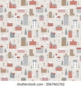 Winter seamless pattern with cute houses, fir trees and snowmen.