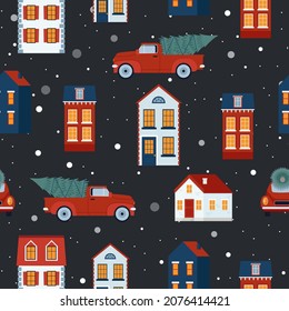 Winter seamless pattern with cute houses and cars. Vector illustration in flat style
