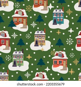 winter seamless pattern with cute houses and fir trees. Vector design for paper, fabric and other surface