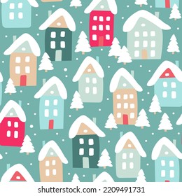 Winter seamless pattern of cute houses and snowy fir trees. Modern simple flat vector illustration.