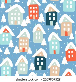 Winter seamless pattern cute houses   snowy fir trees  Modern simple flat vector illustration 