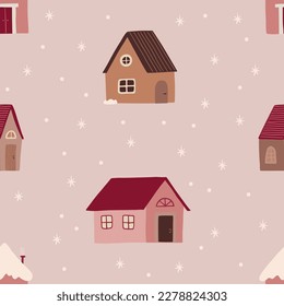 Winter seamless pattern cute houses  Modern boho simple flat vector illustration  
