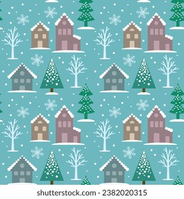El invierno se caracteriza por un patrón impecable de casas bonitas, abetos y nevadas. Ilustración vectorial, diseño plano para impresión textil, papel tapiz, decoración.
