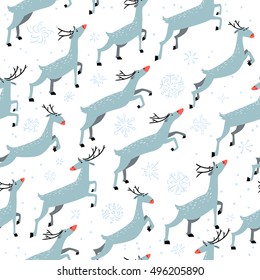 Winter seamless pattern with cute jumping deers on white background with doodle snowflakes. Design element for seasonal posters, backdrops, textile and wrapping
