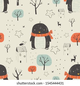 Winter seamless pattern with cute penguin, Cartoon hand drawn vector illustration. Can be used for t-shirt print, kids wear fashion design, baby shower invitation card.