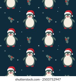 Winter seamless pattern with cute penguin in santa hat. Christmas backgrounds. New year decoration. Cartoon xmas pattern. 