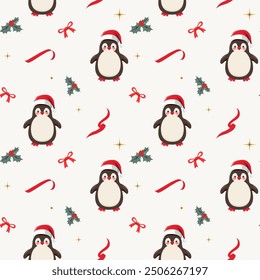 Winter seamless pattern with cute penguin in a hat. Xmas patterns. Christmas backgrounds. New year decorations. 