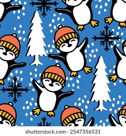 Winter seamless pattern with cute penguin and snowflakes in a hat. Xmas patterns. Can be used for fabric, wrapping paper, scrapbooking, textile, poster, banner