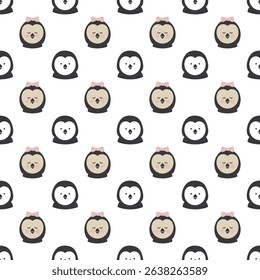 Winter seamless pattern with cute penguin. Repeat. Texture with adorable male and female penguin faces background. Animal character cartoon design. Funny birds, wallpaper template. Vector illustration