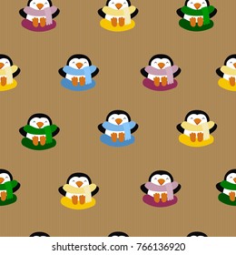 Winter Seamless Pattern with cute penguin on background like craft paper. 