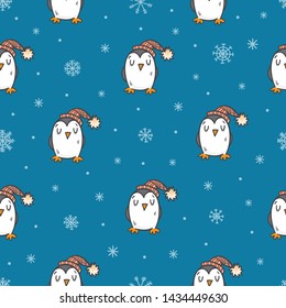 Winter seamless pattern with cute penguins and snowflakes on blue background. Vector contour colorful image.