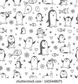 Winter seamless pattern with cute penguins and snowflakes on whie  background. Vector contour colorful image.