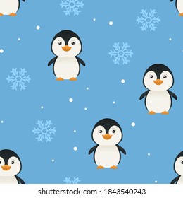 Winter seamless pattern with cute penguins and snowflakes on blue background. Vector simple cartoon illustration. 