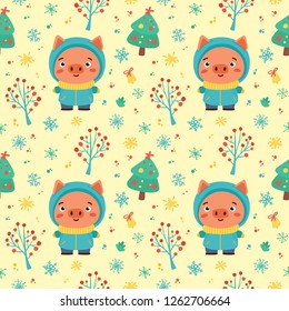Winter seamless pattern with cute piglet and Christmas toys. Childish New Year background with festive elements and adorable character. Hand drawn style vector illustration