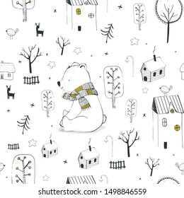 Winter seamless pattern  and Cute polar bear  houses trees   deer for Christmas fabrics   decor  hand drawn vector illustration 
