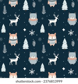 Winter seamless pattern with cute polar animals. Scandinavian Christmas pattern. Winter background design.