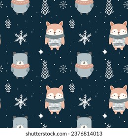 Winter seamless pattern with cute polar animals. Scandinavian Christmas vector pattern. Winter background design.