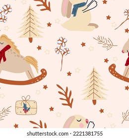 Winter seamless pattern with cute rabbit in a scarf, rocking horse in vintage style, Christmas tree, bright berries and flowers.Pattern can be used as textile, fabric, wallpaper, banner and other.