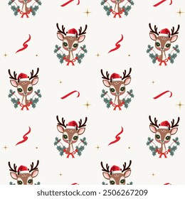 Invierno sin patrón con lindo reno en un sombrero. Patrones de Navidad. Fondos de Navidades. Decoraciones del año Nuevo. 