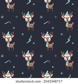 Winter seamless pattern with cute reindeer in a hat. Christmas backgrounds. New year decorations. Cartoon animals pattern. 