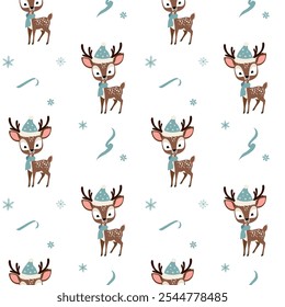 Winter nahtloses Muster mit niedlichen Rentieren in einem Hut. Weihnachtliche Hintergründe. Neujahrsdekorationen. Tiermuster für Cartoons. 