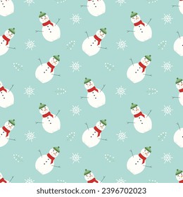 Winter seamless pattern with cute snowman in a knitted scarf and hat and snowflakes, with changeable background color. Vector flat illustration for print and design