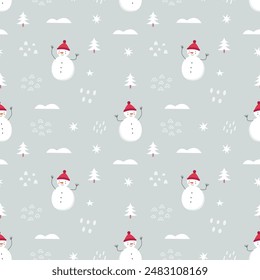 Winter seamless pattern with cute snowman stars abstract shapes. Christmas and New Year background. Scandinavian style. Vector illustration