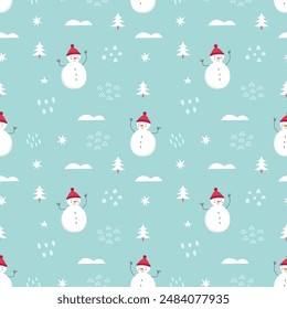 Winter seamless pattern with cute snowman stars abstract shapes. Christmas and New Year background. Scandinavian style. Vector illustration