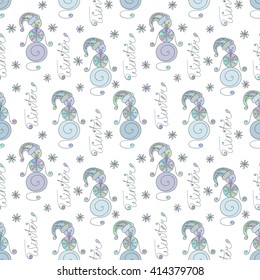 Winter seamless pattern with cute snowman, snowflakes and Winter inscription. Design element for background, paper packaging, wrapping paper and other. Vector illustration.