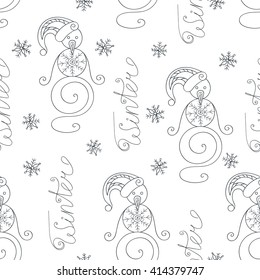 Winter seamless pattern with cute snowman, snowflakes and Winter inscription for coloring book. Design element for background, paper packaging, wrapping paper and other. Vector illustration.
