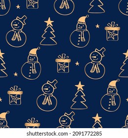 Winter seamless pattern with cute snowmen and christmas trees for gift wrap, textile, wallpapers and scrapbook. Happy New Year 2022. Hand drawn golden elements. Vector.