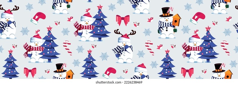 Winter seamless pattern with  cute snowmen and christmas tree.  Merry Christmas and Happy New Year background. Vector illustration