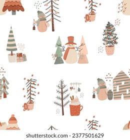 Winter seamless pattern of cute snowmen and Christmas trees, hand drawn vector illustration