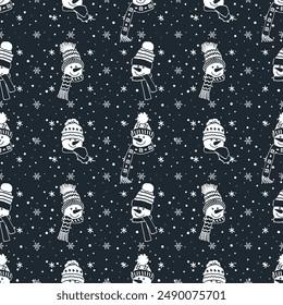 Winter Seamless Pattern with Cute Snowmen Faces. Silhouettes. Christmas Background. Different Snowmen in Winter Clothes and Snowflakes. Template. Vector Illustration in Dark Blue, White