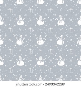 Winter Seamless Pattern with Cute Snowmen. Silhouettes. Christmas Background. Different Snowmen in Winter Clothes and Gift Boxes. Template. Vector Illustration in Gray, White