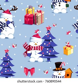 Winter seamless pattern with  cute snowmen christmas tree and gift boxes.  Merry Christmas and Happy New Year background. Vector illustration