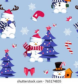 Winter seamless pattern with  cute snowmen and christmas tree.  Merry Christmas and Happy New Year background. Vector illustration